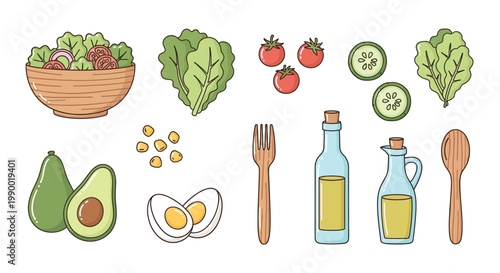 A vibrant collection of fresh salad ingredients including lettuce, tomatoes, cucumber, avocado, corn, and eggs, alongside dressing bottles and utensils.