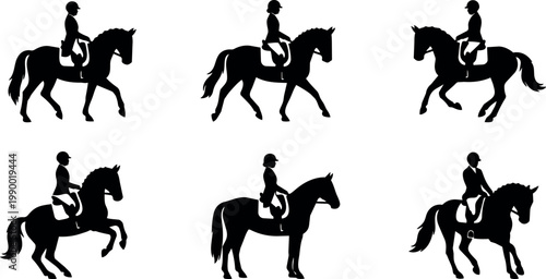 Black silhouette horse riding with rider in different dressage poses
