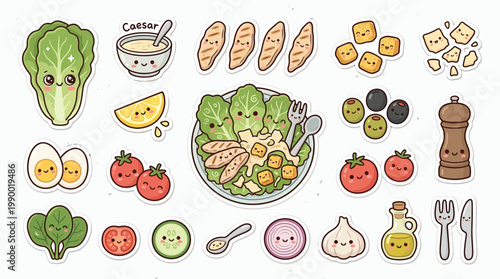 Kawaii style cartoon illustration of a complete Caesar salad with all its ingredients laid out on a white background.