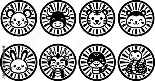 Cute chinese zodiac animal faces in circle badges