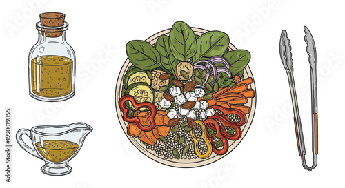 Vibrant illustration of a healthy salad bowl with fresh vegetables, nuts, and grains, accompanied by salad dressing in a bottle and gravy boat, and serving tongs.