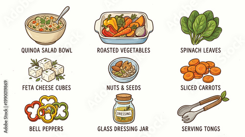 An assortment of healthy food ingredients and kitchen tools including quinoa salad, roasted vegetables, spinach, feta cheese, nuts, seeds, bell peppers, carrots, dressing, and serving tongs.