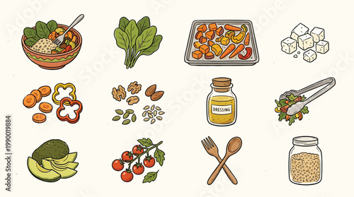 A collection of healthy food ingredients and kitchen tools including salad, fresh vegetables, nuts, seeds, oil, and utensils, perfect for a nutritious meal preparation.