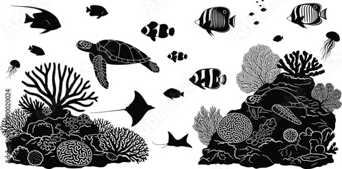 Diverse marine life and coral reef illustration with sea creatures black and white marine biology school of fish underwater stingray jellyfish silhouette illustration wildlife ecosystem
