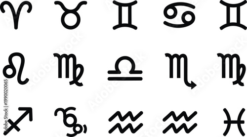 Astrological zodiac symbols in black and white arranged in rows with star sign fortune telling line art birth chart astrology horoscope sagittarius capricorn aquarius celestial prediction