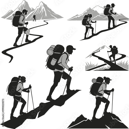 Silhouette hikers with backpacks and trekking poles climbing mountains silhouette mountains trekking backpacking climbing adventure activity exploration recreation exercise endurance