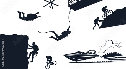 Collage of extreme sports and adventure activities with rock climbing bungee jumping mountain biking speed boat extreme athlete action sports water sports risk taking adventure silhouette