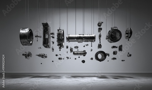 Abstract mechanical components suspended in studio space