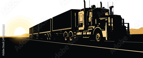 Silhouette of a big rig semi-truck hauling freight on a highway at sunset or sunrise with conveys long-haul transport tractor trailer golden hour silhouette transport delivery logistics