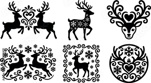 Black and white reindeer with heart and snowflake ornament vector art set