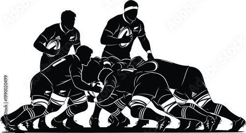 Rugby players in a tight scrum in silhouette with black and white background athletes competition tournament training strength aggressive athletic professional entertainment isolated