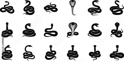 Collection of 20 stylized black snake icons with black and white illustration silhouette wildlife creature abstract stylized isolated collection symbolic predator animalistic reptilian