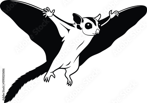 Black and white illustration of a sugar glider flying with animal graphic white background marsupial wildlife illustration silhouette stylized isolated creature