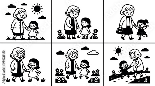 Grandmother and granddaughter walking and playing together outdoors