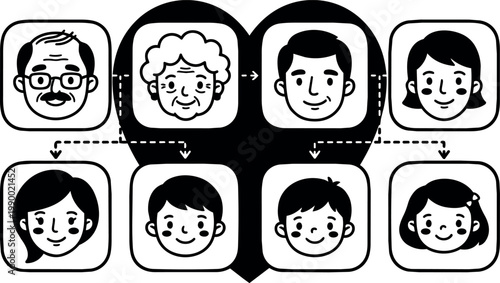 Black and white family tree with grandparents parents and children vector art