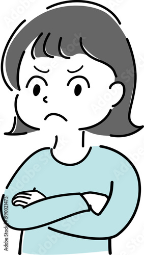 腕を組んで怒った顔の女性の上半身シンプルイラスト（注意・解説・怒り・不満・困惑・人物素材） / Full body angry woman with arms crossed simple line illustration (warning, explanation, confusion, unsatisfied, complain, irritated, trouble)