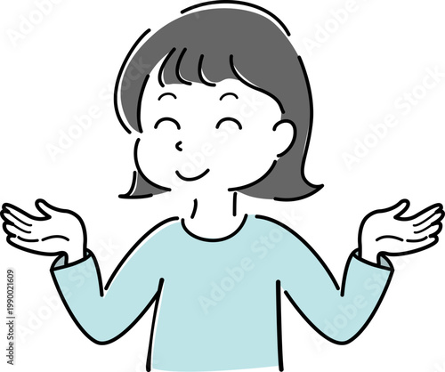 両手を広げた笑顔の女性のシンプルイラスト（案内・解説・比較・お手上げ・人物）/ Woman spreading hands and smiling simple line illustration (guidance, explanation, advice, helpless gesture, people)e)