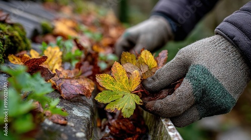 Close Up Hands Removing Fallen Leaves From Gutter During Autumn Season