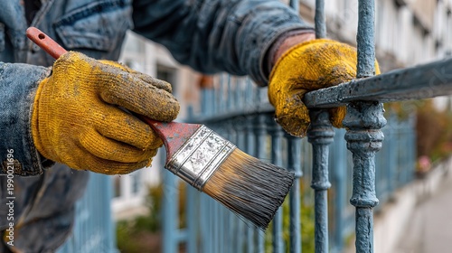 Close up of Worker Hand Painting Metal Fence with Paintbrush Outdoor