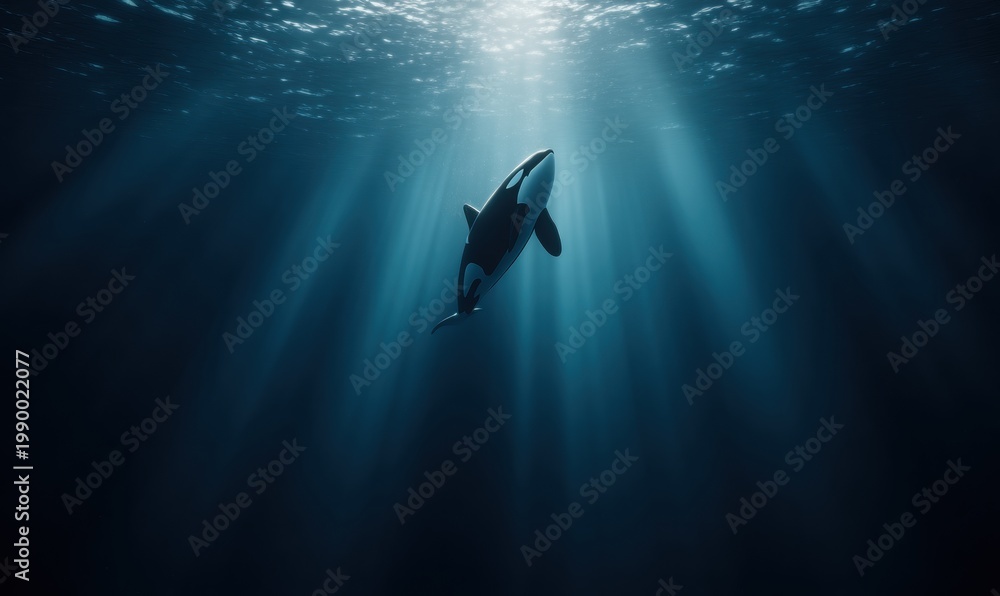 Fototapeta premium Underwater view of orca swimming toward sunlight beams in deep ocean