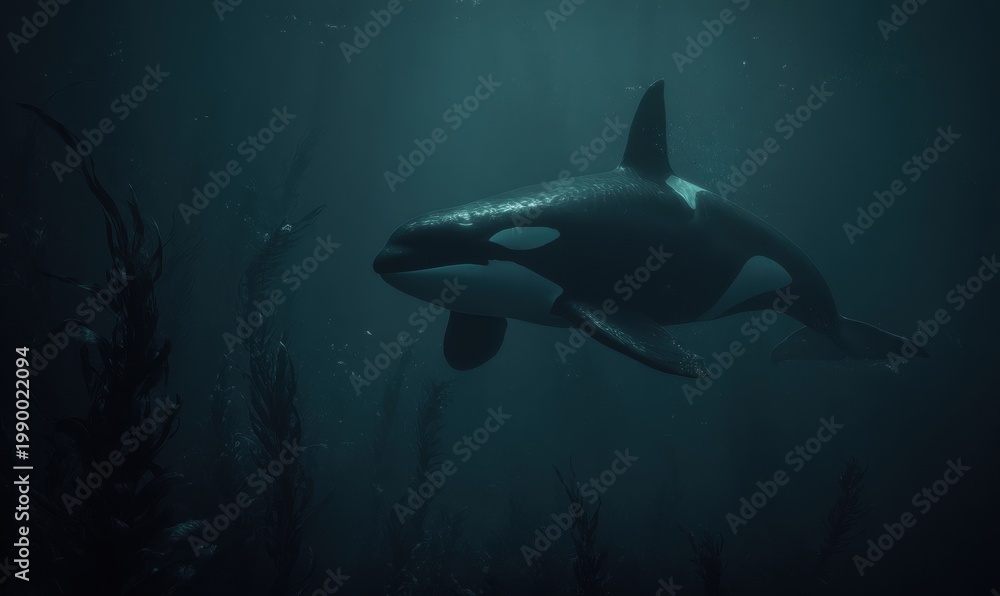 Fototapeta premium Killer whale glides silently among underwater kelp forests in dim