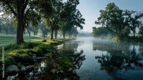 Tranquil Atmospheric River Landscape with Foggy Mist and Green Trees