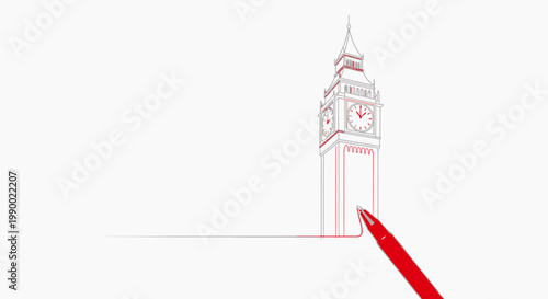 A red pen drawing the iconic Big Ben clock tower in a minimalist line art style.