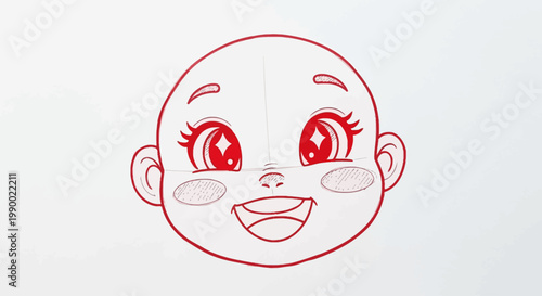 A cute cartoon baby face with a happy smile drawn in red lines.