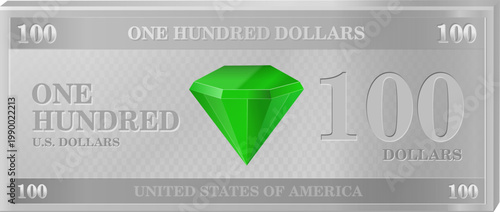 Banknote design silver one hundred dollar bill with emerald