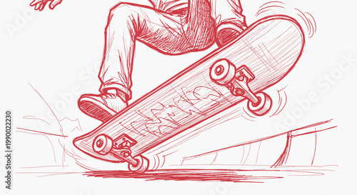 Dynamic red line art sketch of a skateboarder doing a trick in the .air.