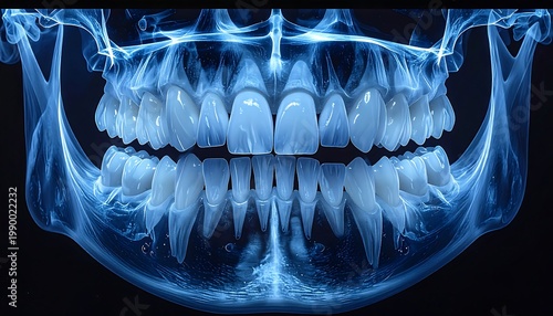 A blue-tinted X-ray image of human teeth and jawbone