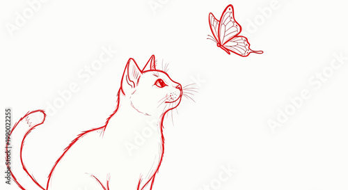 Sketch of a cat looking up at a butterfly in red line art.
