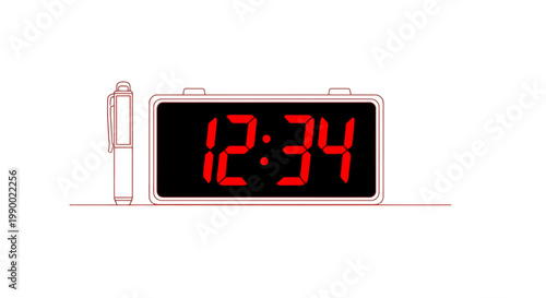 Digital alarm clock showing 12:34 next to a pen on a white background.
