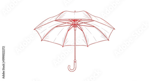 Red outline illustration of an open umbrella vector drawing.