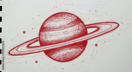 Red planet with rings drawn in a sketchbook