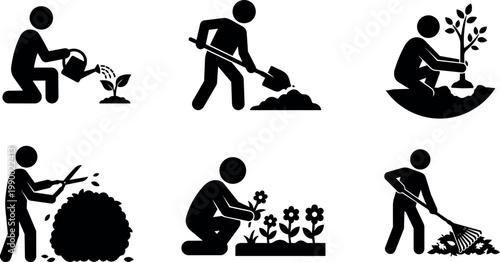 Gardening activities with person watering plant planting pruning and raking