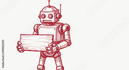 Retro robot drawing holding blank wooden sign