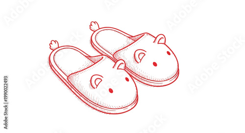 Hand-drawn red sketch illustration of a p.air of cute animal slippers.