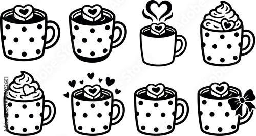 Black and white line art polka dot mug with heart shaped marshmallow and whipped cream set