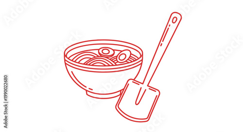 Ramen noodle bowl with shovel, humorous food concept.