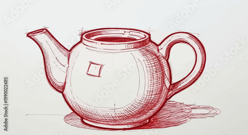 Red ink sketch of a classic teapot with cross-hatching det.ails.