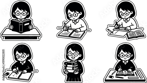 Student reading writing and holding books