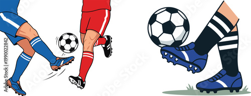 Illustration of soccer players’ legs in action, dribbling and controlling a football, highlighting movement and sports dynamics.