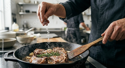 Chef Hands Seasoning Food in Skillet Close-up Real Kitchen Cooking