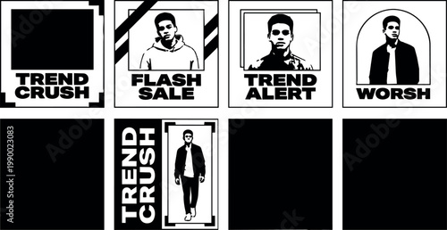 Black and white trend crush flash sale young man portraits line art set