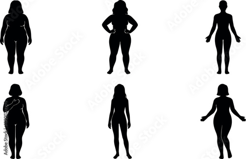 Black silhouette diverse female body shapes standing and posing vector art