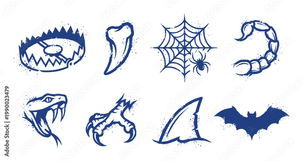 Fototapeta premium Danger symbols vector set: trap, tooth, spiderweb, scorpion, snake, claw, fin, bat, blue grunge.