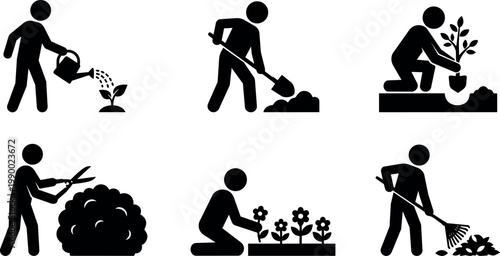 Black and white gardening activities with watering planting pruning and raking icons