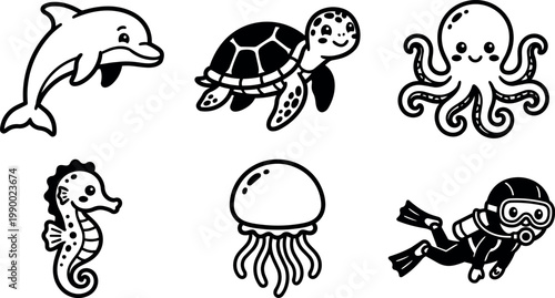 Cute cartoon dolphin turtle octopus seahorse jellyfish and scuba diver vector art