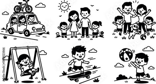 Black and white family playing outdoors with car bike ball and swing vector art